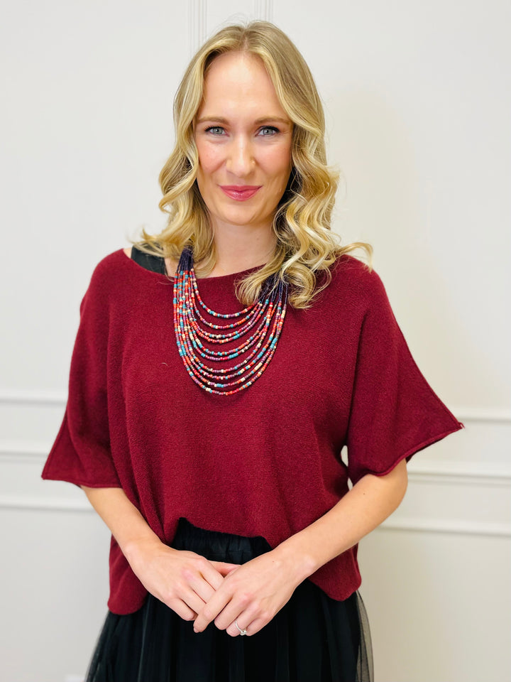 "ALICE” Short Sleeve Fine Knit-Burgundy