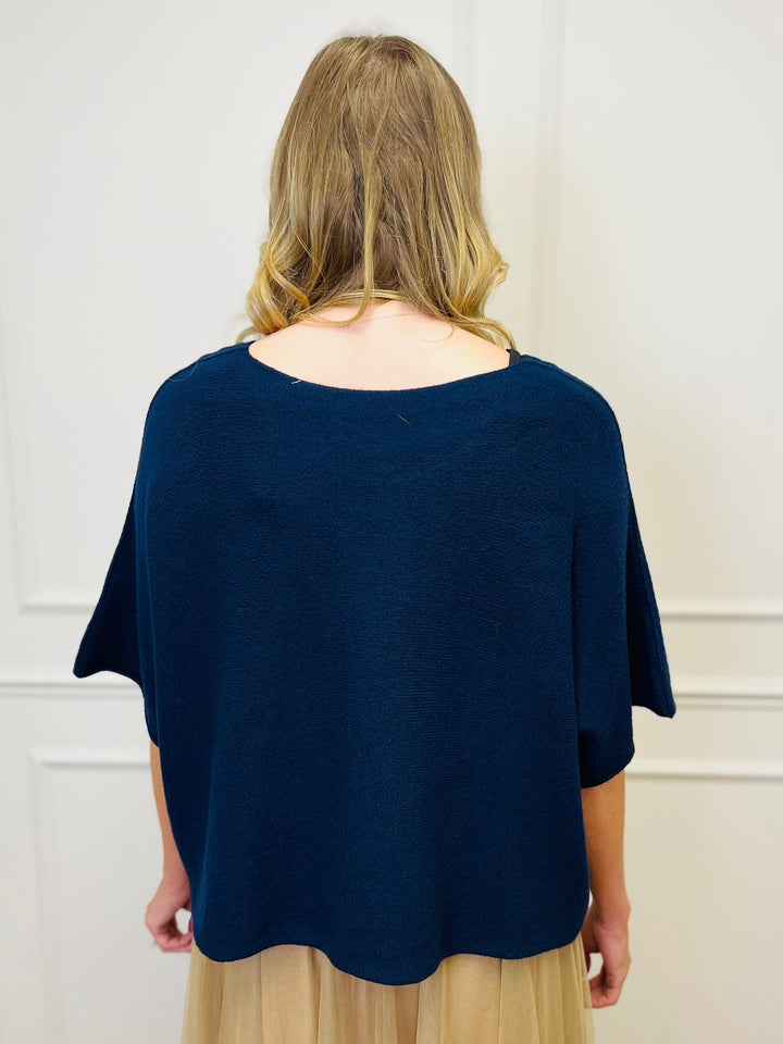 "ALICE” Short Sleeve Fine Knit-Navy