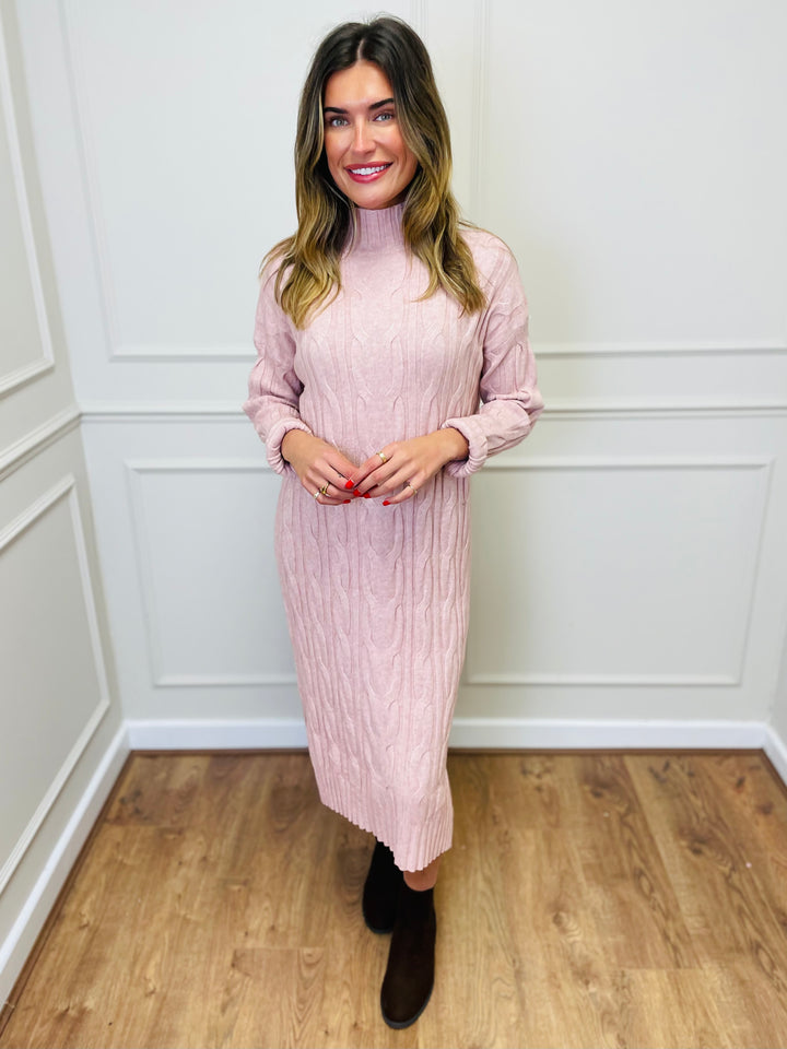 "ELY" Cable Knit Midi Dress-Blush Pink