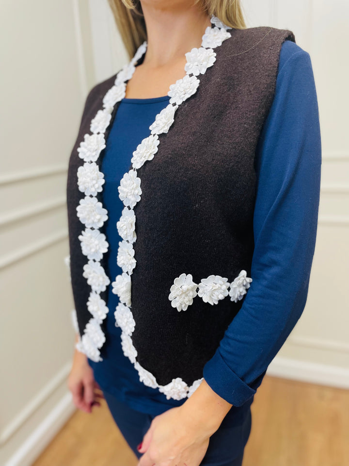 "MAGI" Floral Trim Gilet-Chocolate