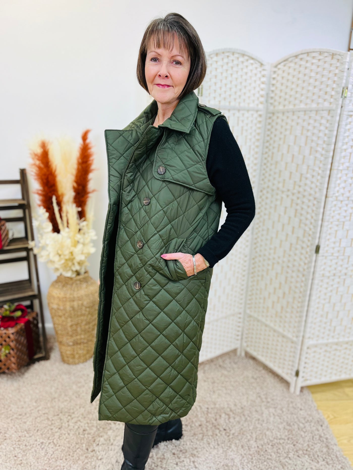 "GISELLE” Quilted Gilet-Khaki Green