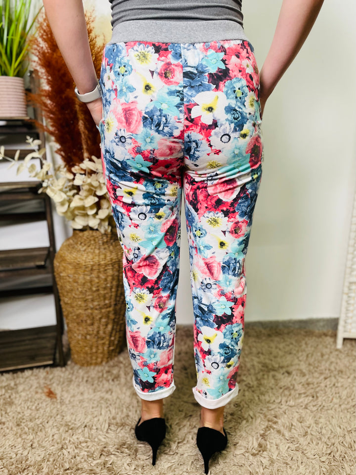 "RIO" Floral Print Magic Trouser-White & Multicolour