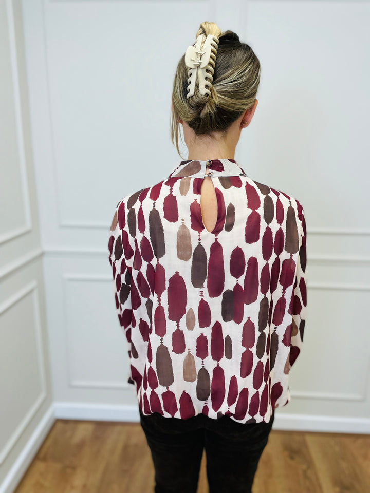 "TERESA" Abstract Print Blouse-Cream & Berry