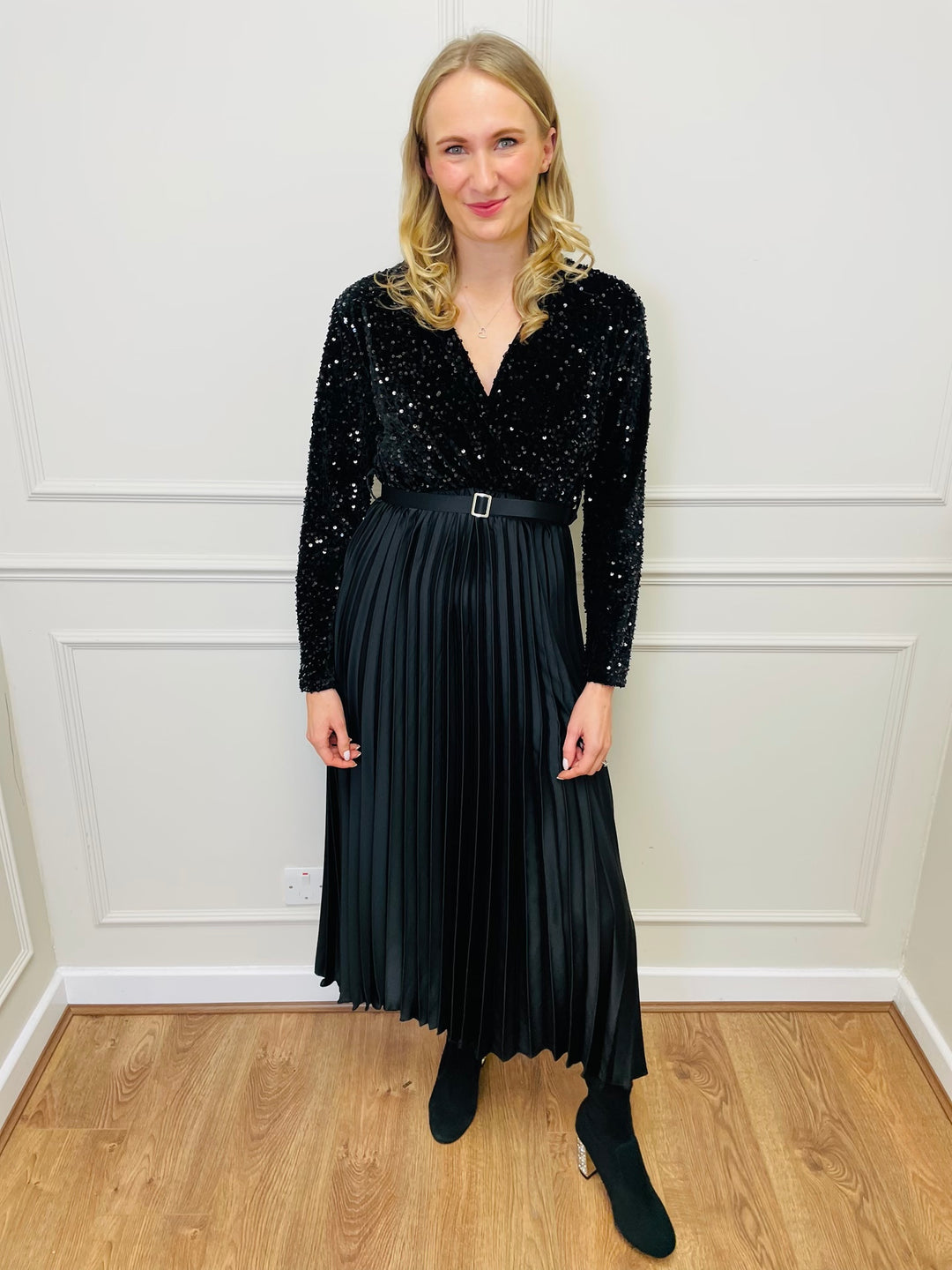 "ROSALIE" Pleated Dress-Black