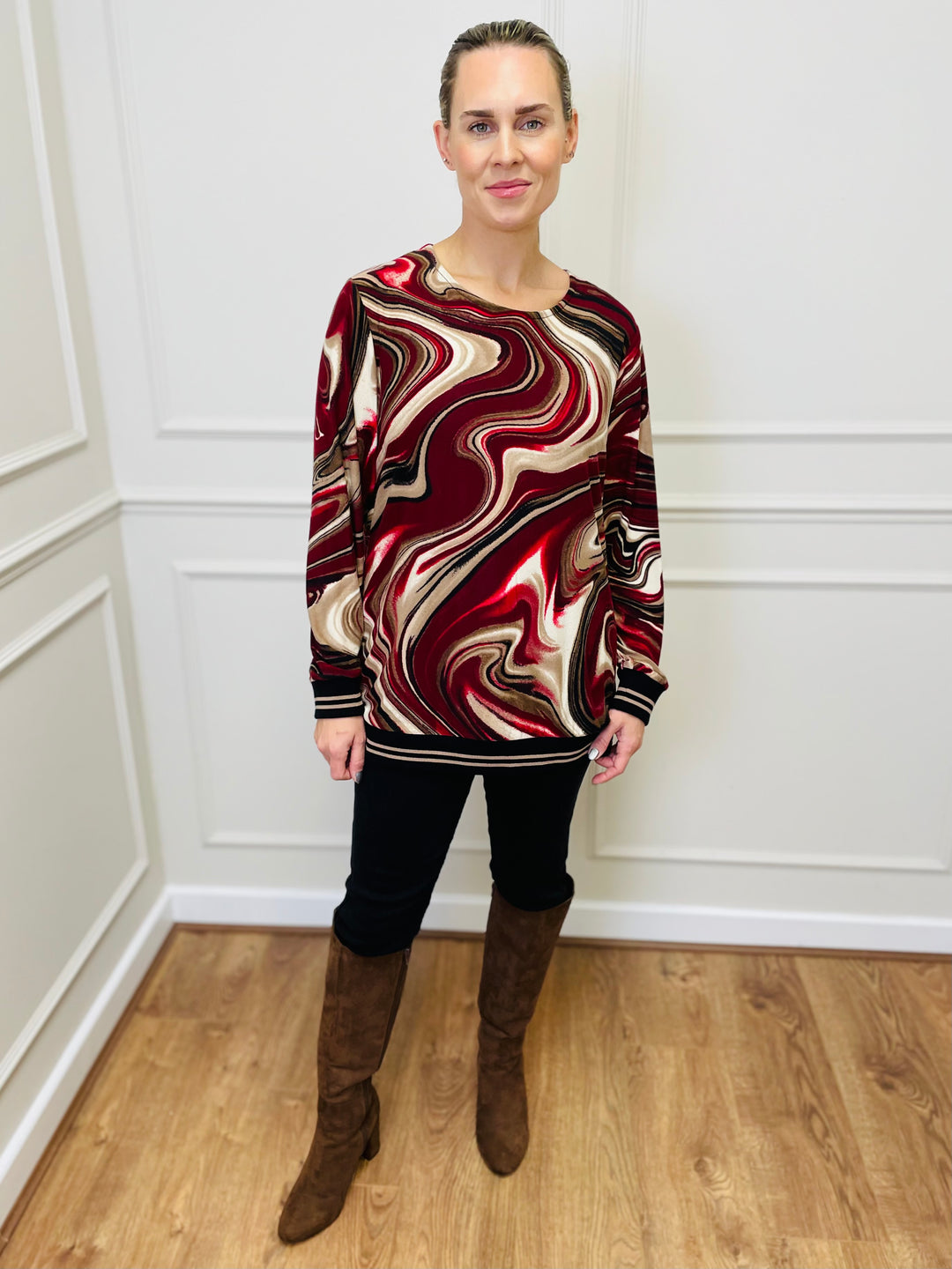 "ANNA" Printed Blouse-Burgundy & Tan