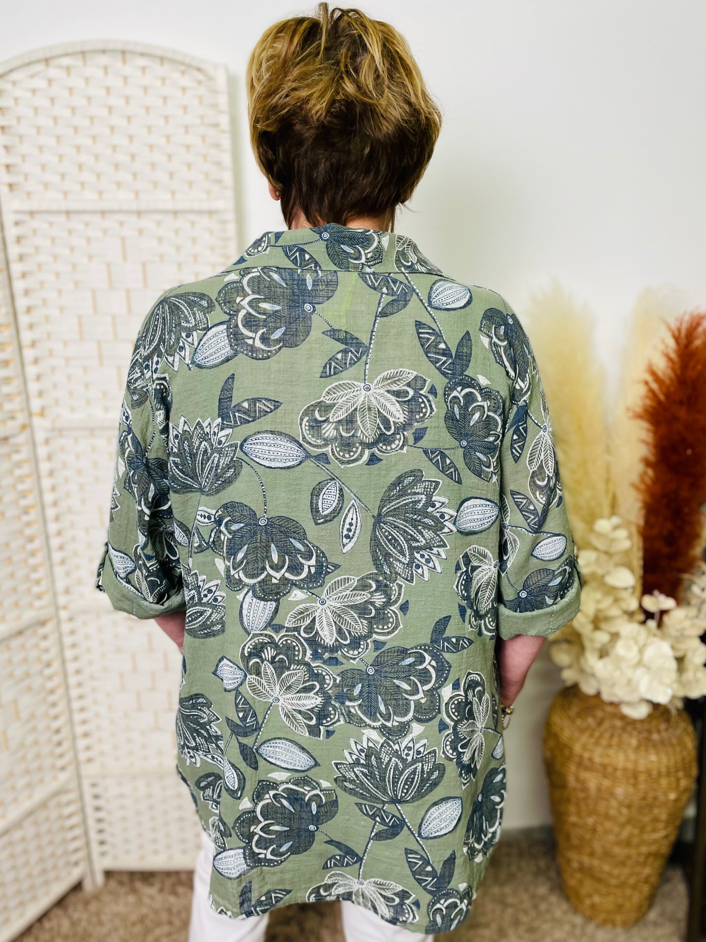 "MAEVE” Floral Print Shirt-Green & Navy