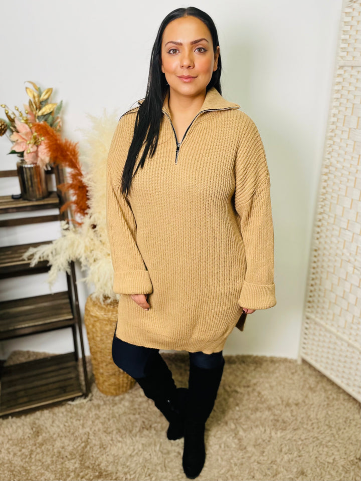 "NATALIE" Half Zip Jumper-Tan