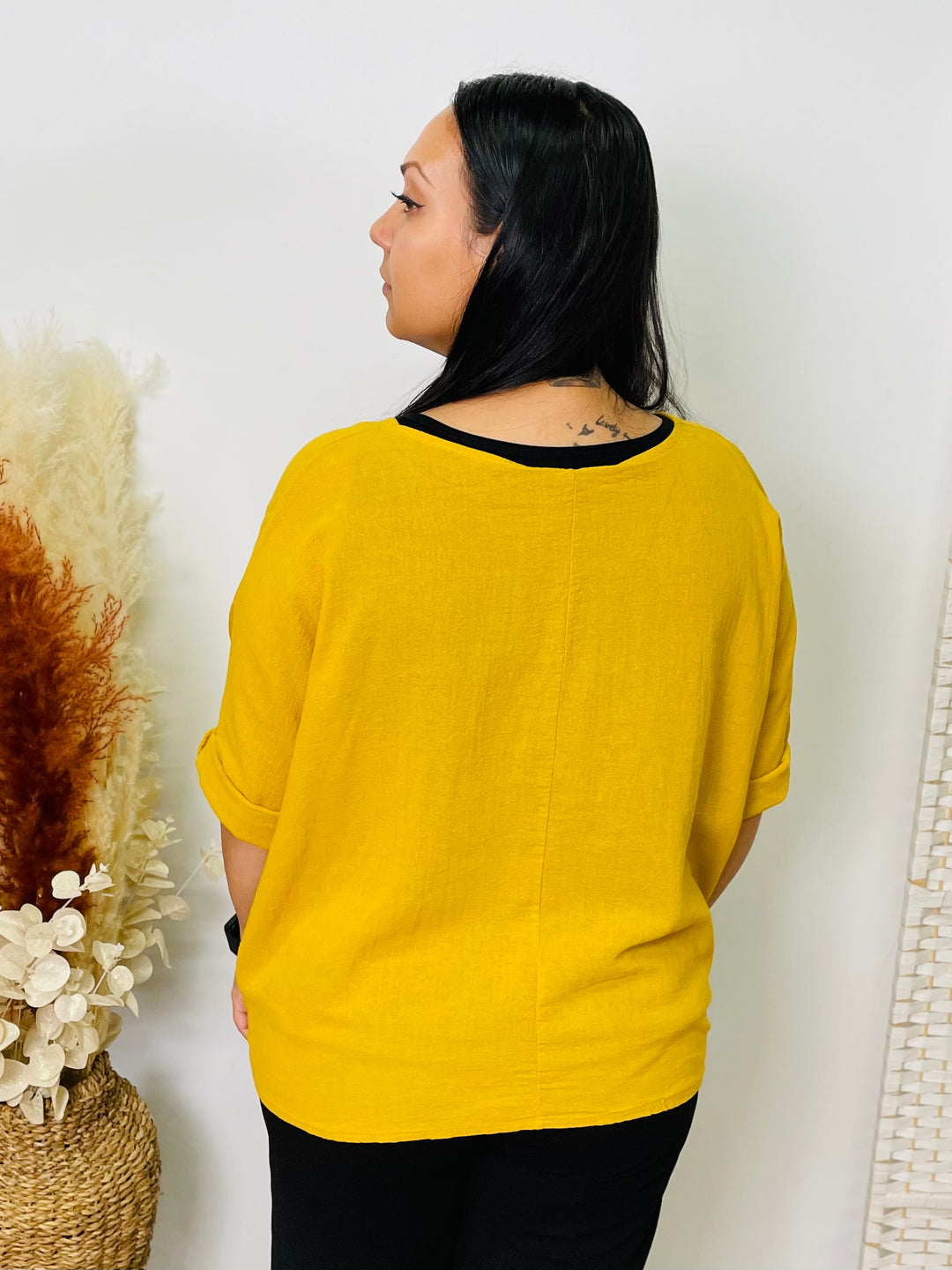 “COLETTE” Linen Top-Mustard