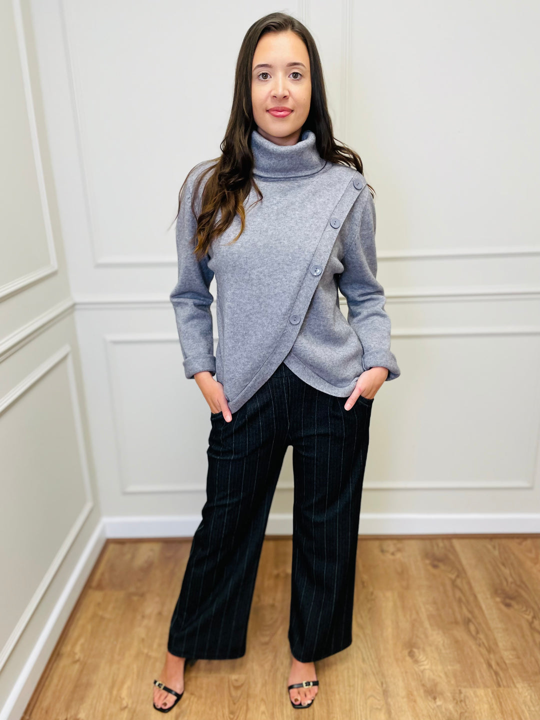 "LUNA" Wrap Button Jumper-Silver