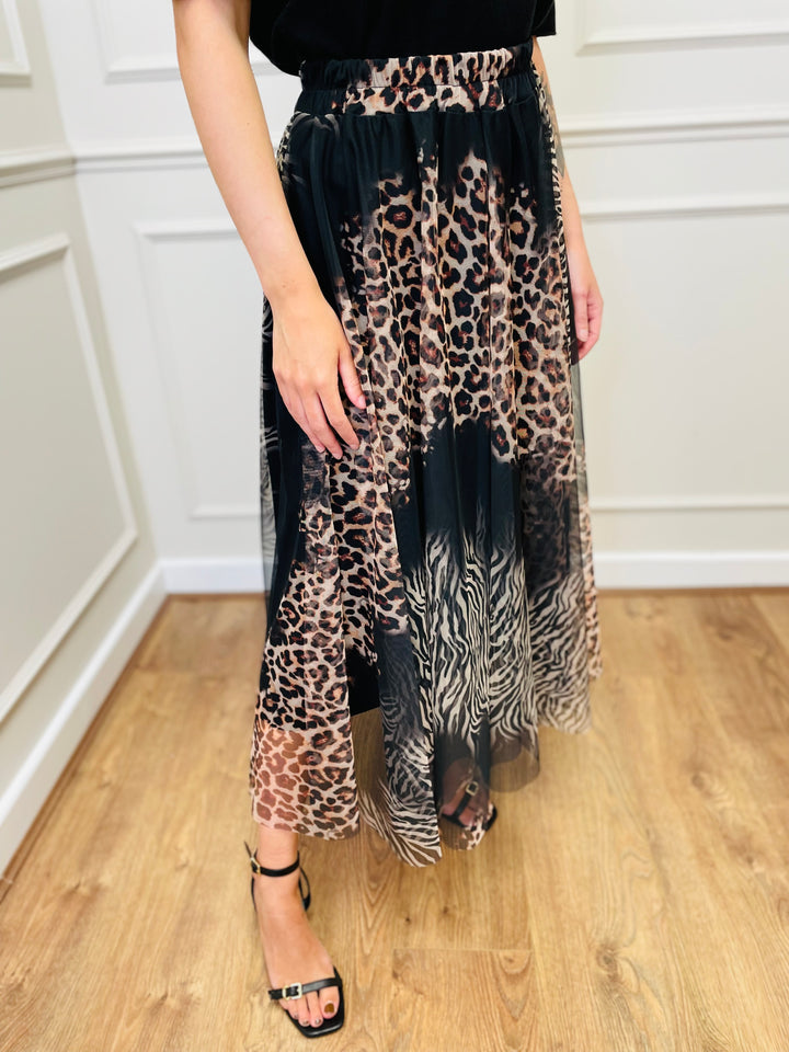 "IZZY" Animal Print Tulle Skirt-Black & Tan