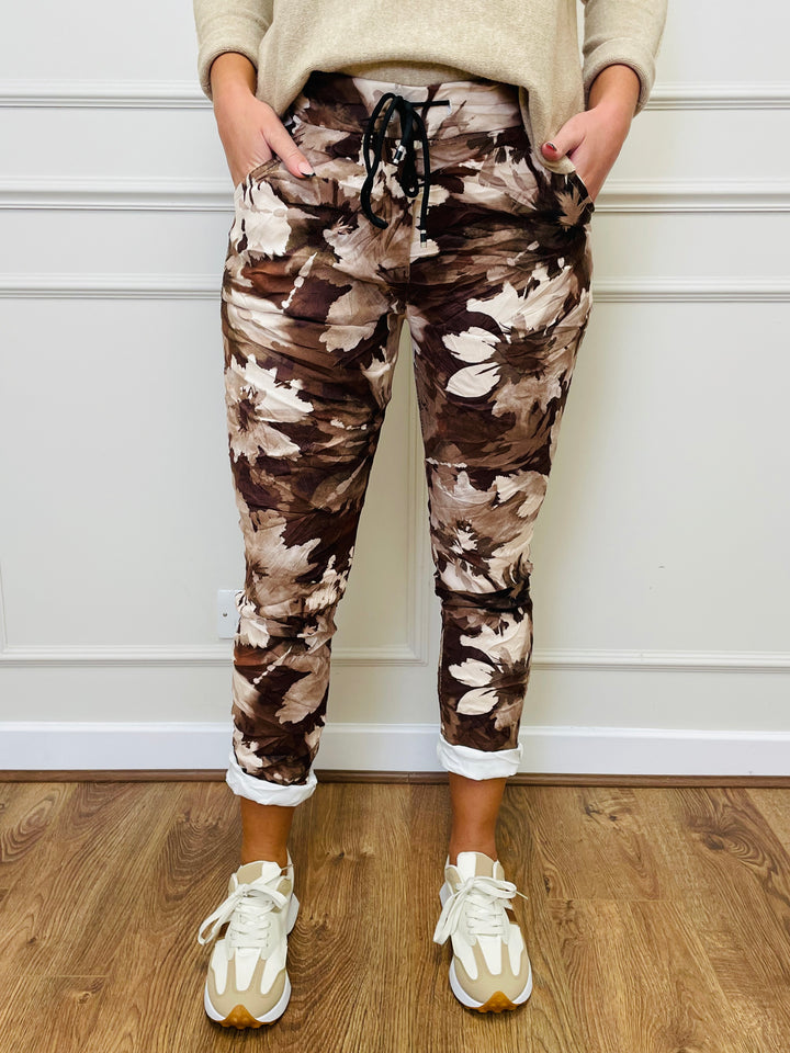 "CARMELA" Floral Print Trouser-Tan & Cream