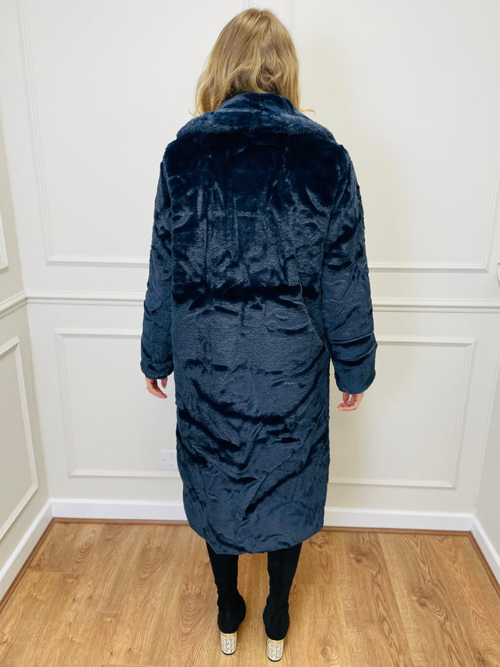 "NATALIA" Longline Fur Coat-Navy