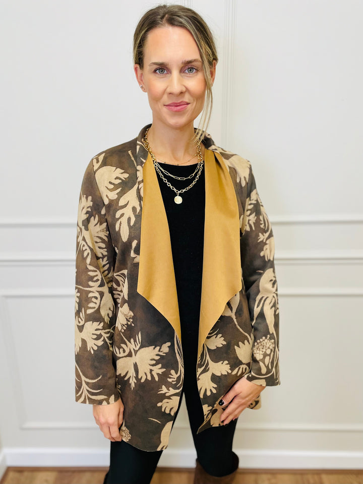 "PAULA" Floral Print Waterfall Jacket-Tan & Brown