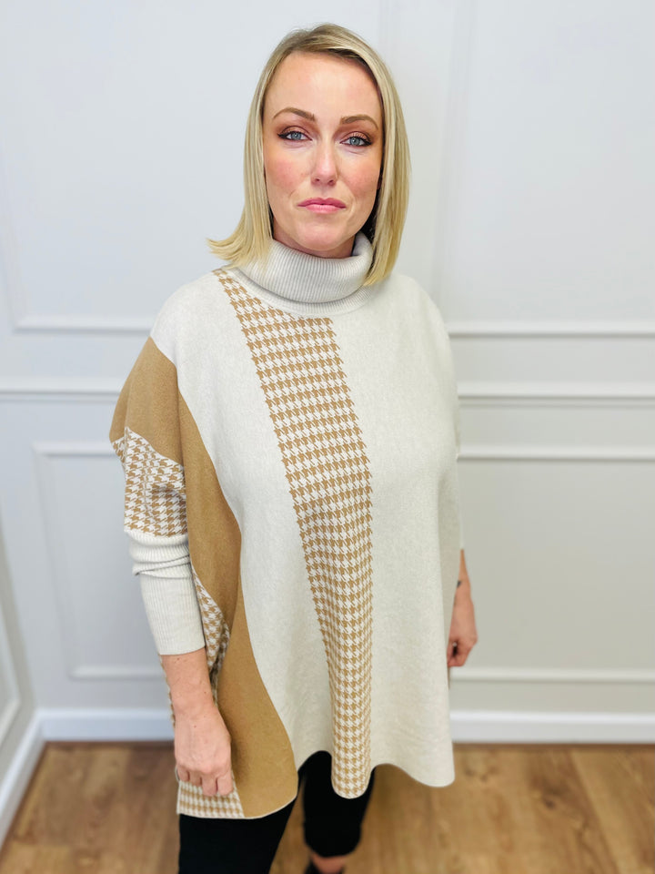 "DANIELA" Houndstooth Print Poncho-Cream & Tan