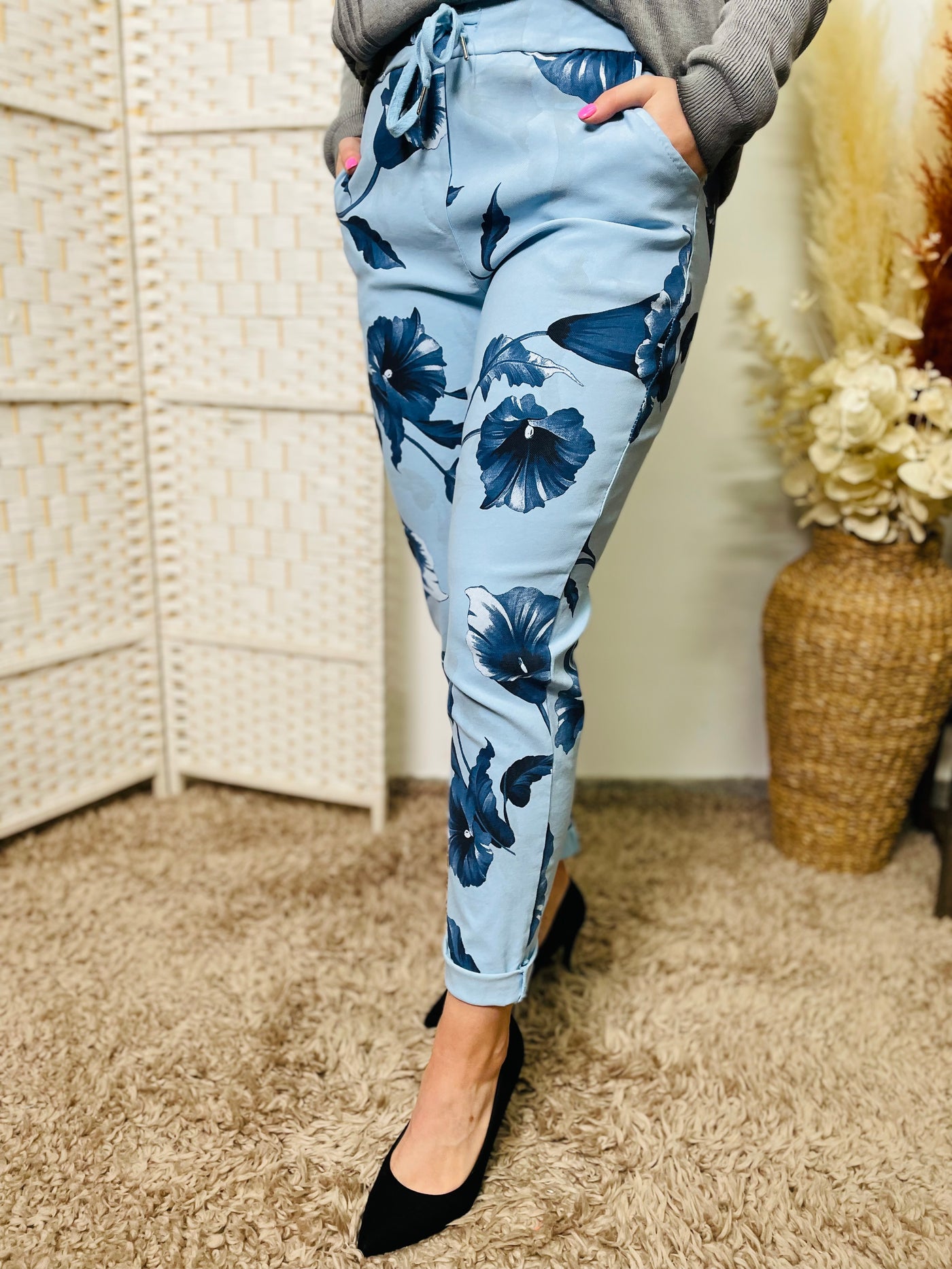 "CARMELA" Floral Print Trouser-Blue  & Navy