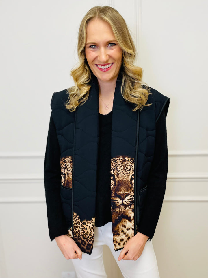 "HEIDI" Quilted Leopard Gilet-Black