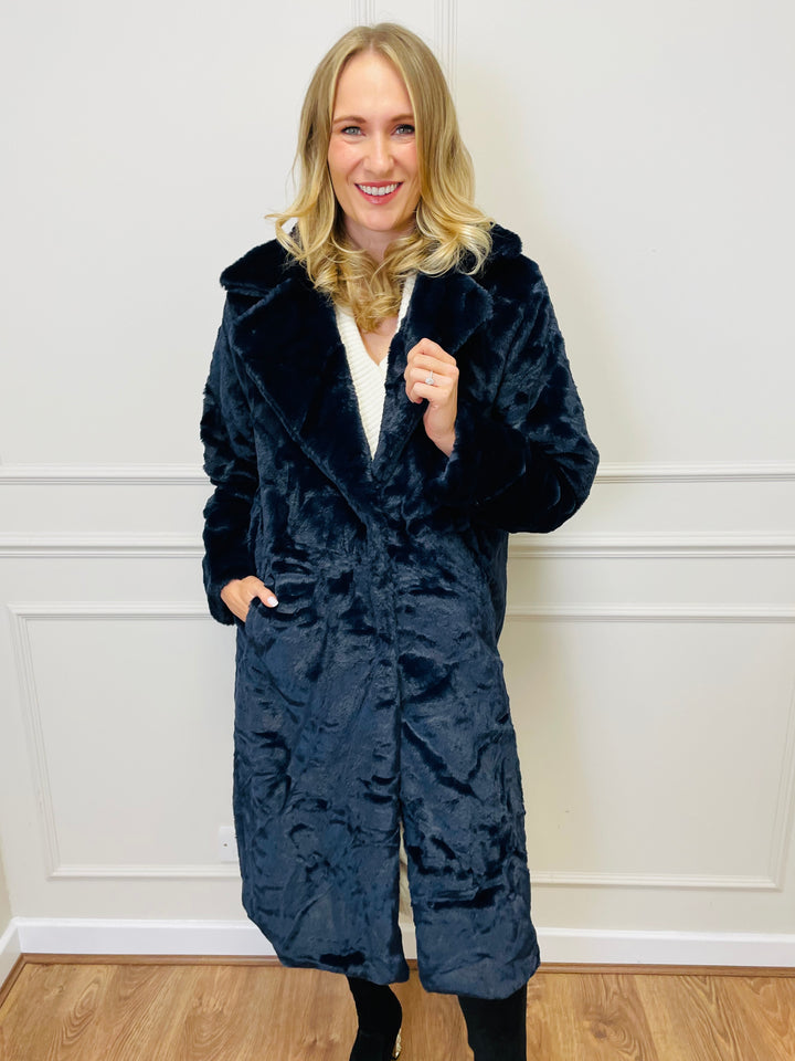 "NATALIA" Longline Fur Coat-Navy