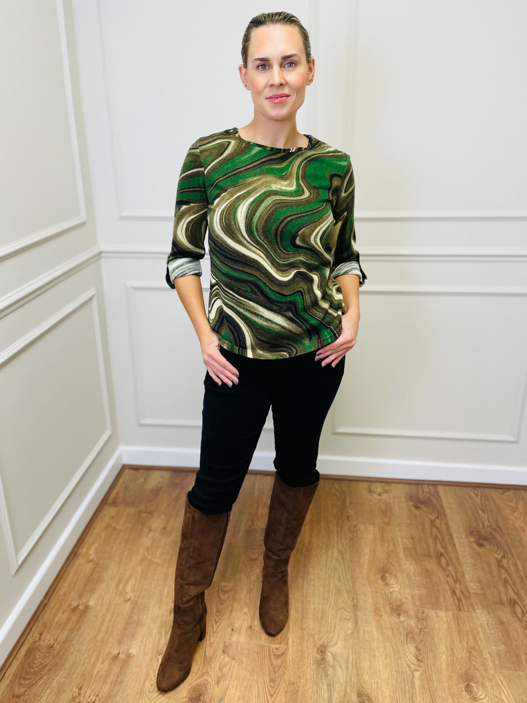 "ANNA" Printed Jersey Top-Green & Tan