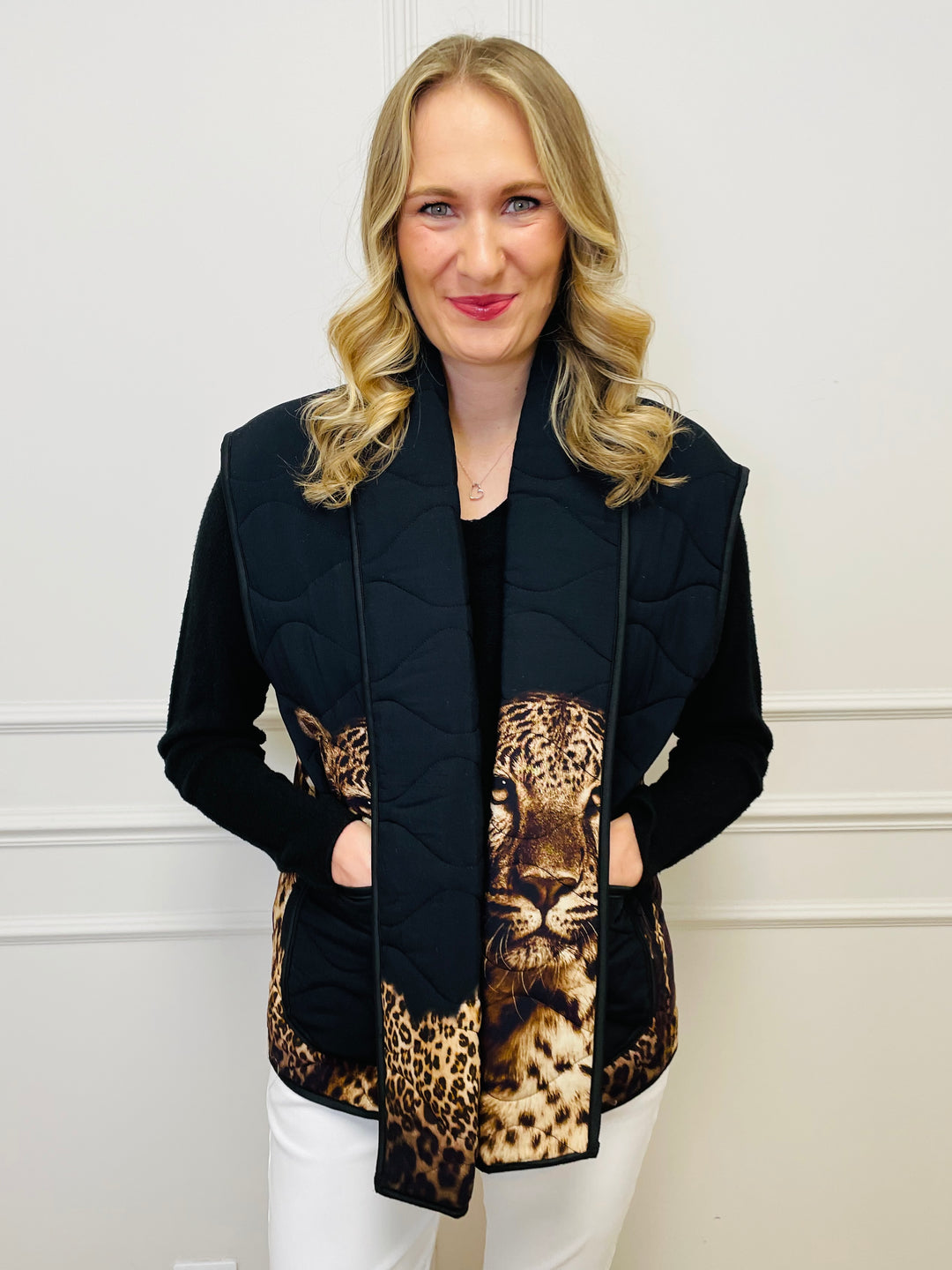 "HEIDI" Quilted Leopard Gilet-Black