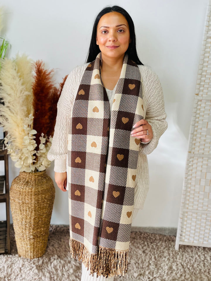 No.52 Heart Print Reversible Scarf-Cream & Brown