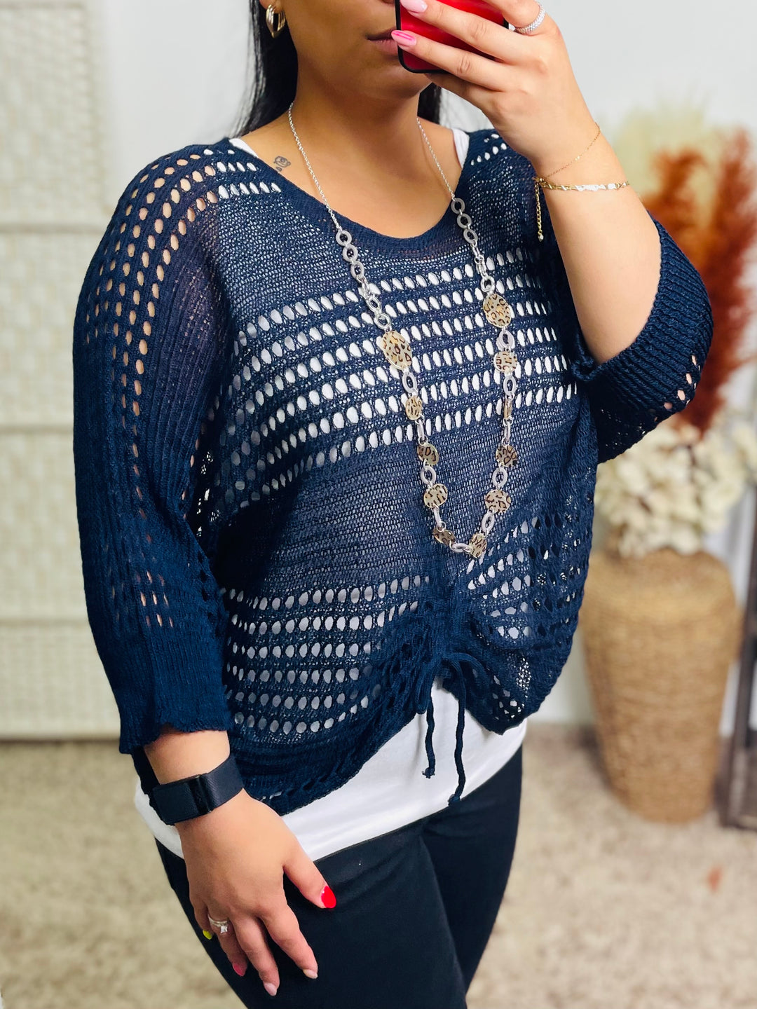 "ALLISON" Open Knit Top-Navy