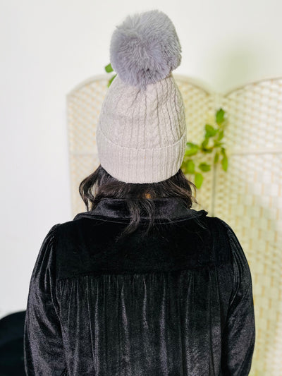 Silver Knit Faux Fur Pom Hat