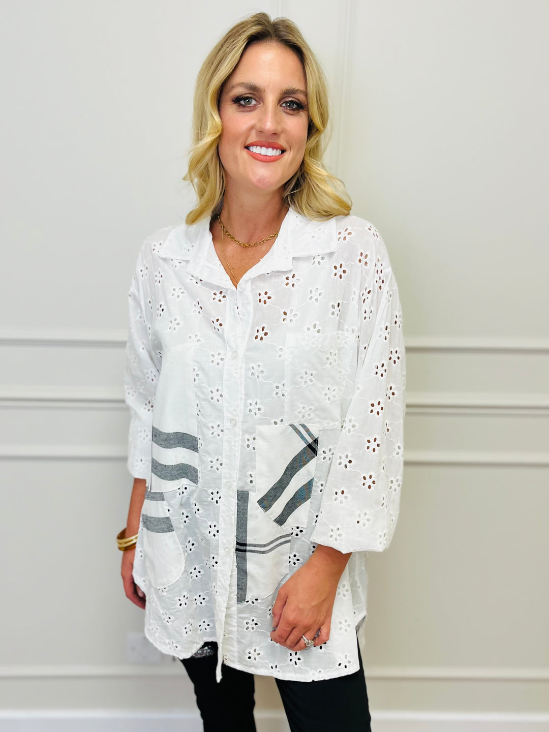 "ISLA" Broderie Shirt-White & Black