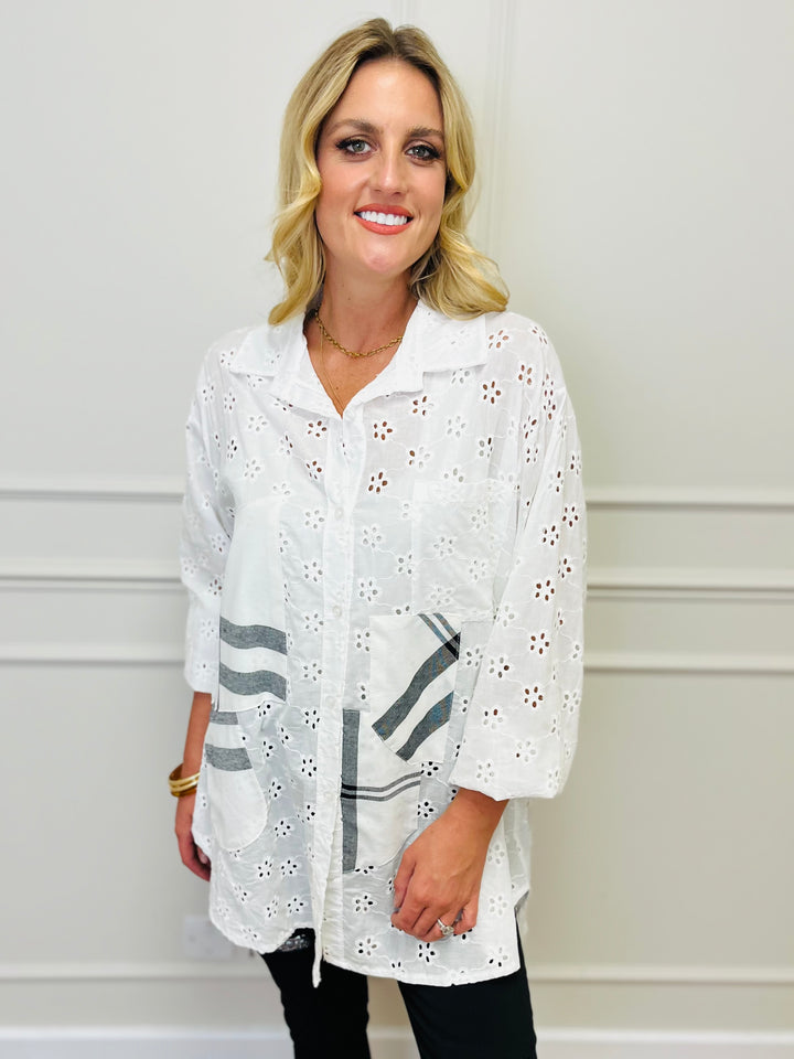 "ISLA" Broderie Shirt-White & Black