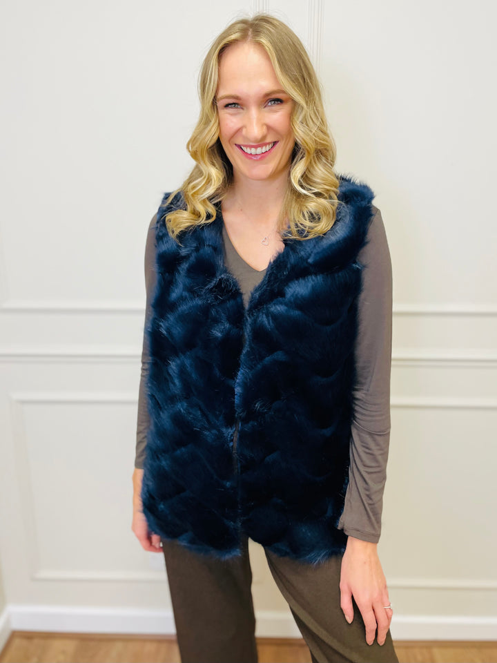 "CLARISSA" Faux Fur Waistcoat-Navy