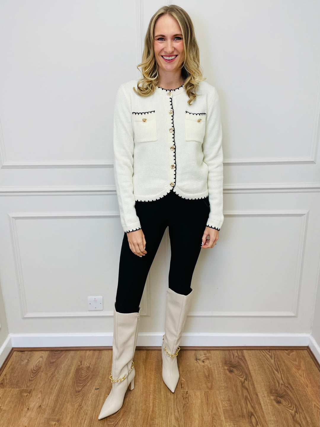 "HELENA" Two Tone Cardigan-Cream & Black