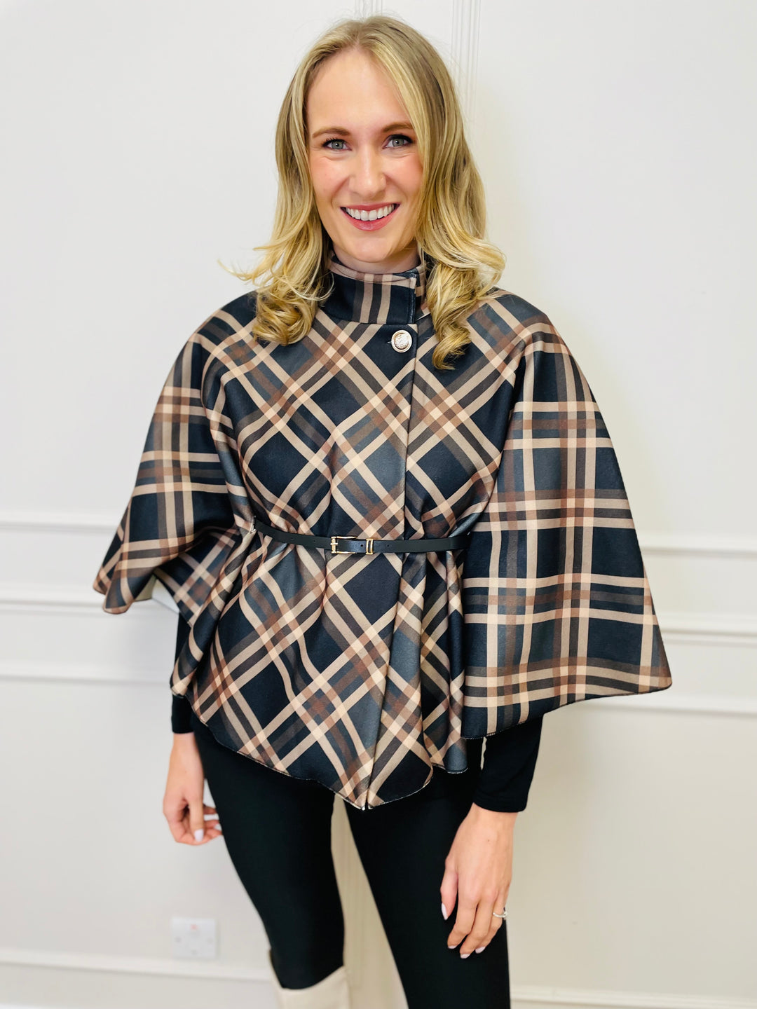 "LORELAI" Check Print Cape Coat-Black & Tan