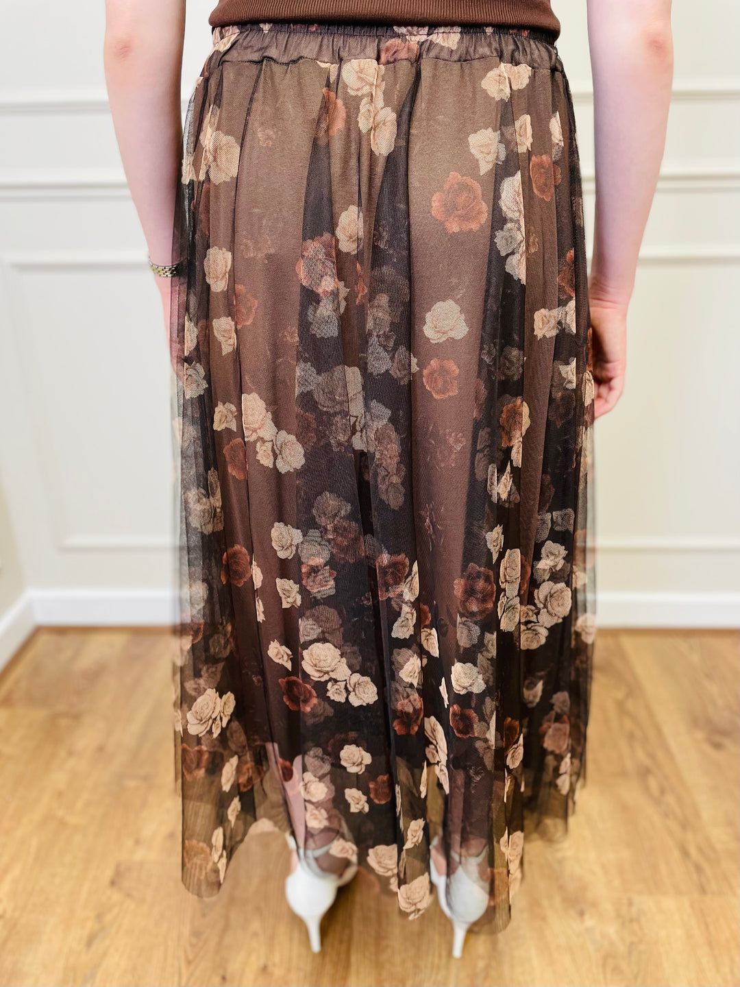 "IZZY" Floral Print Tulle Skirt-Black & Tan