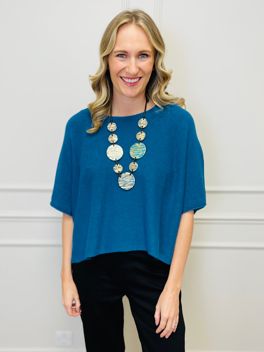 "ALICE” Short Sleeve Fine Knit-Teal