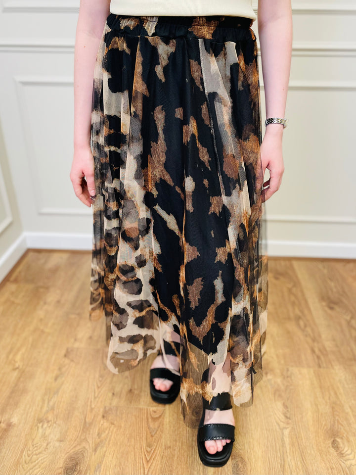 "IZZY" Animal Print Tulle Skirt-Black & Brown
