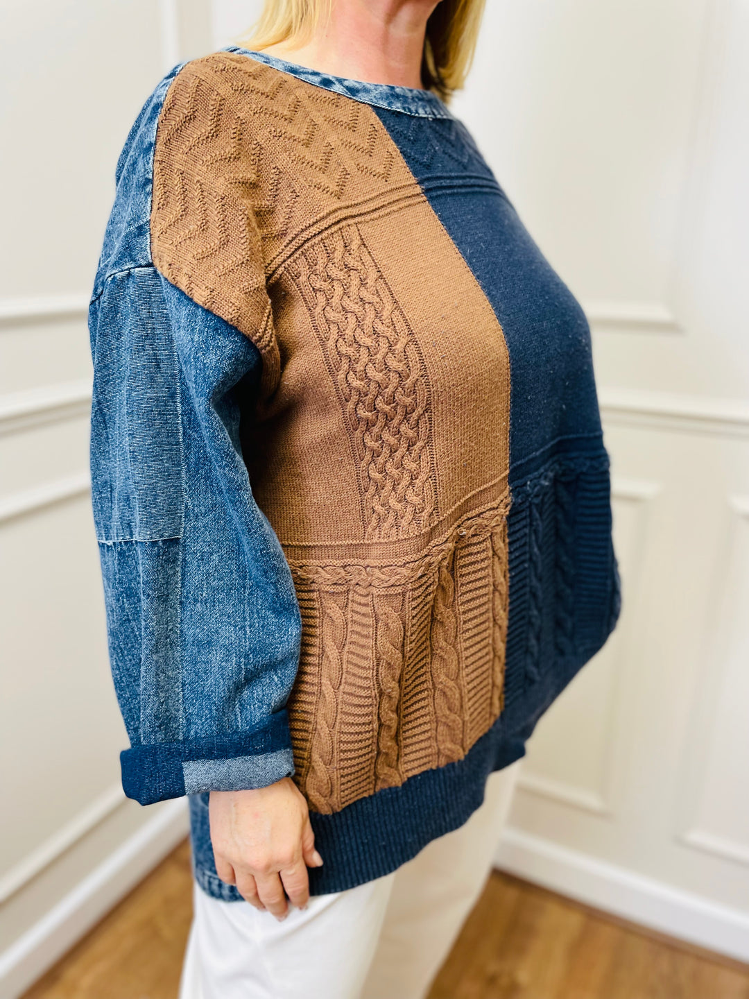 "LACEY" Patchwork Jumper-Denim & Tan