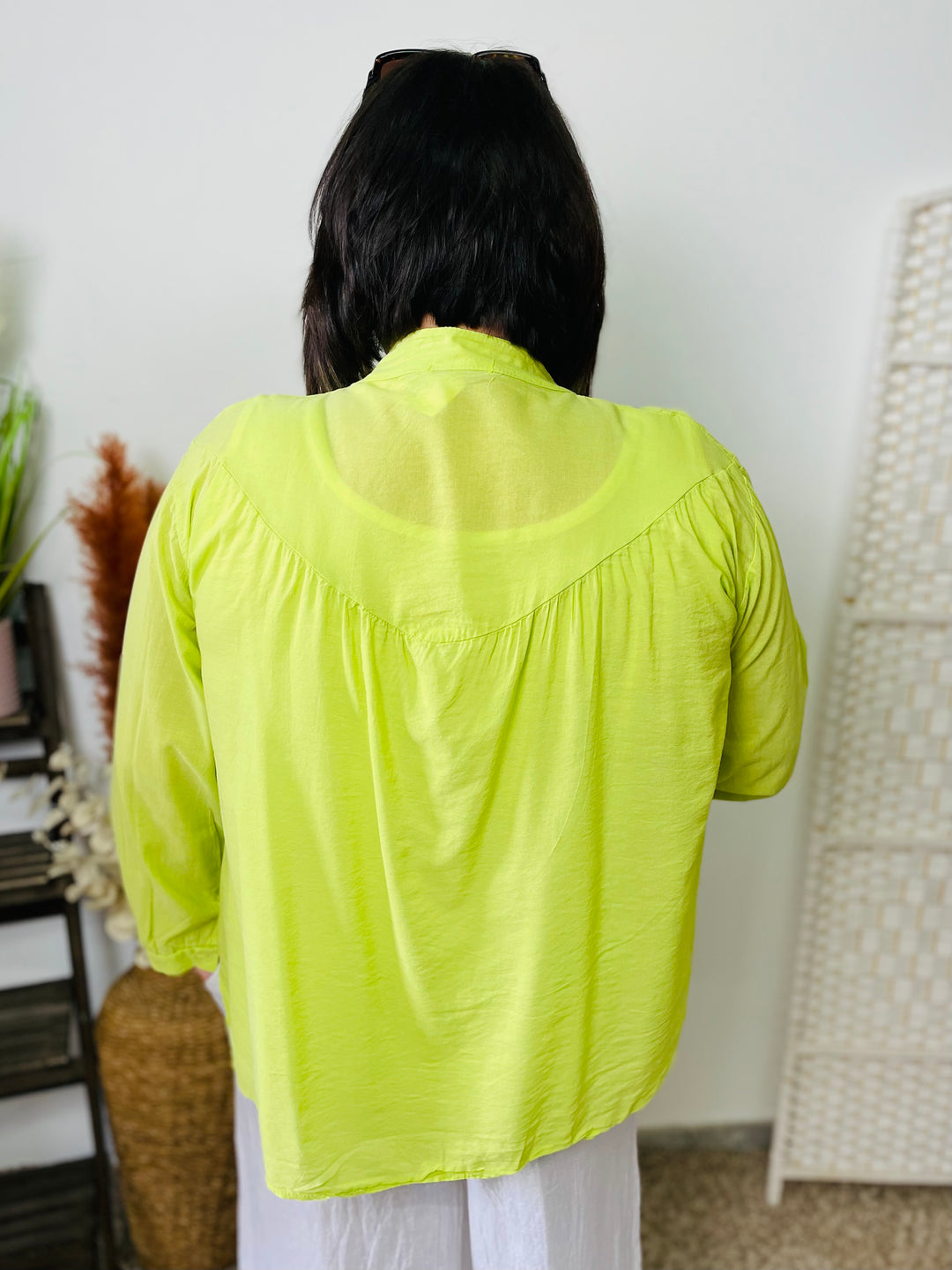 “ELOISE” Ruched Cotton Shirt-Lime Green