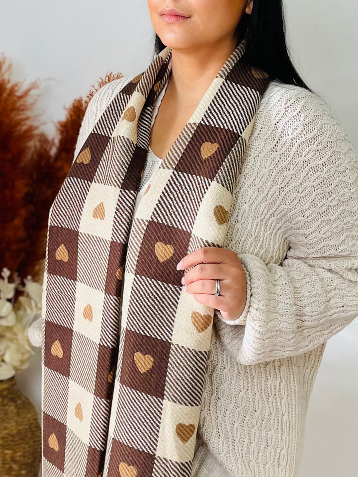 No.52 Heart Print Reversible Scarf-Cream & Brown