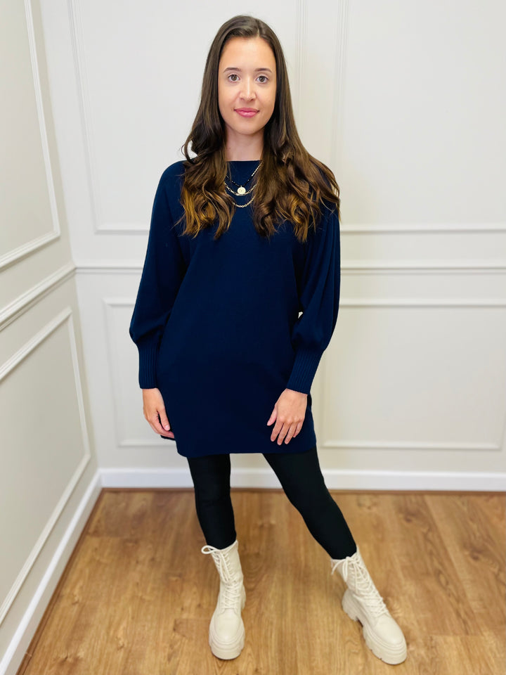 "EVELYN" Button Back Dress-Navy