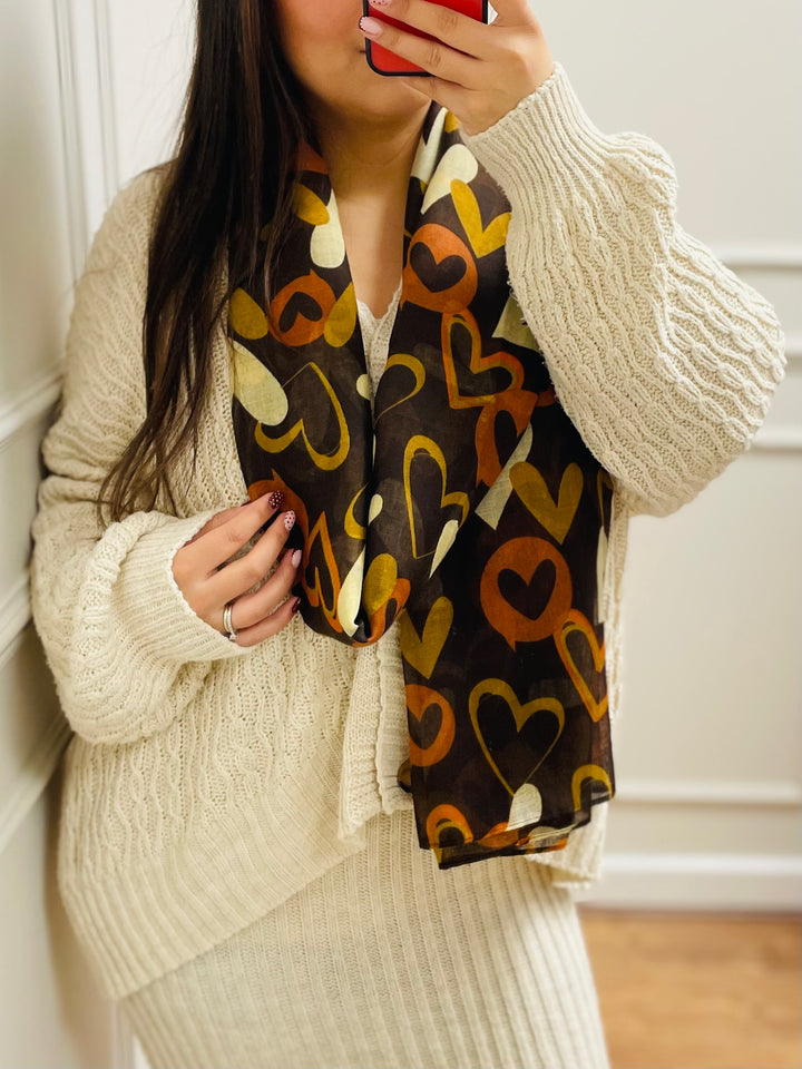 No.112 Heart Print Scarf-Brown & Cream