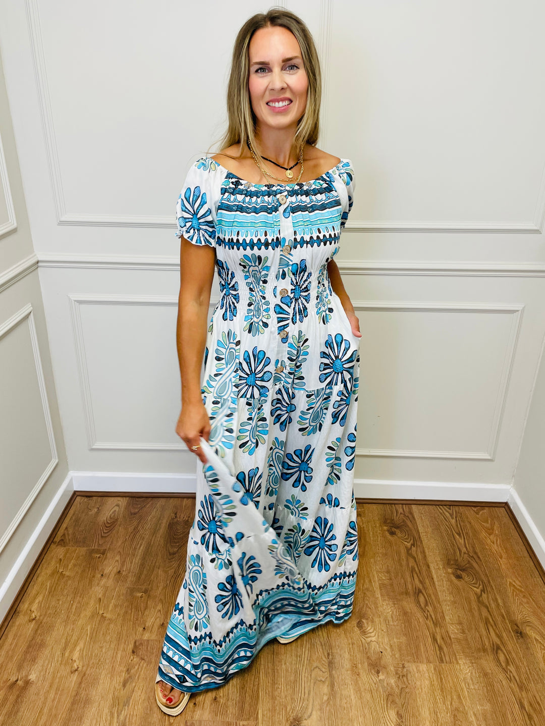 "MATILDA" Artistic Print Maxi Dress-White & Blue