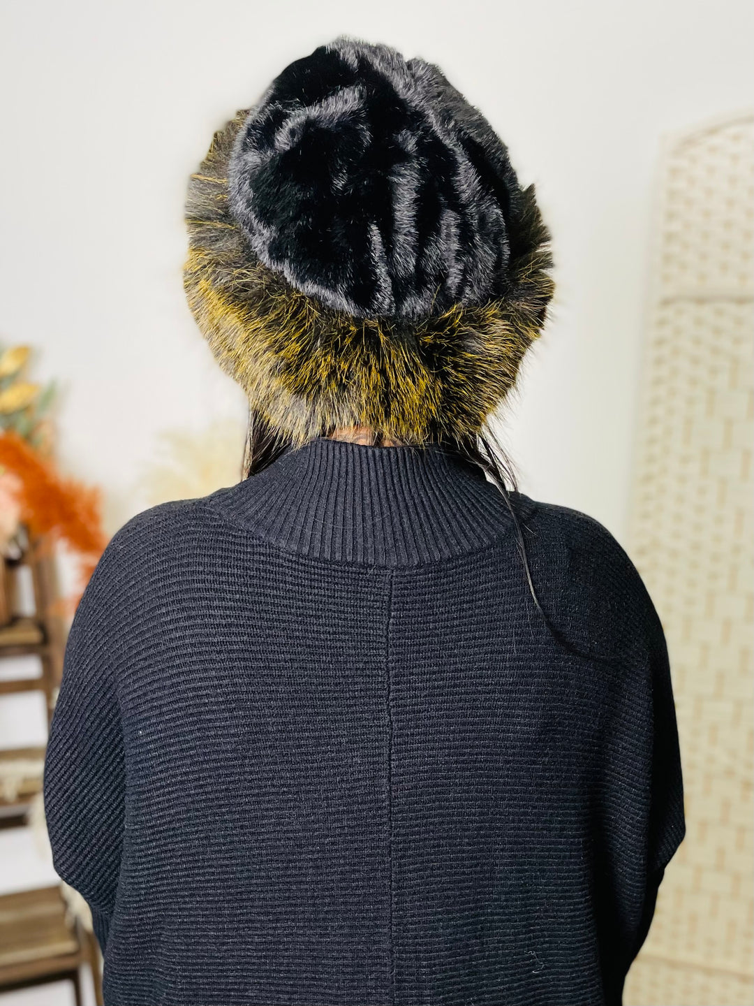 Two Tone Fur Hat-Black & Mustard