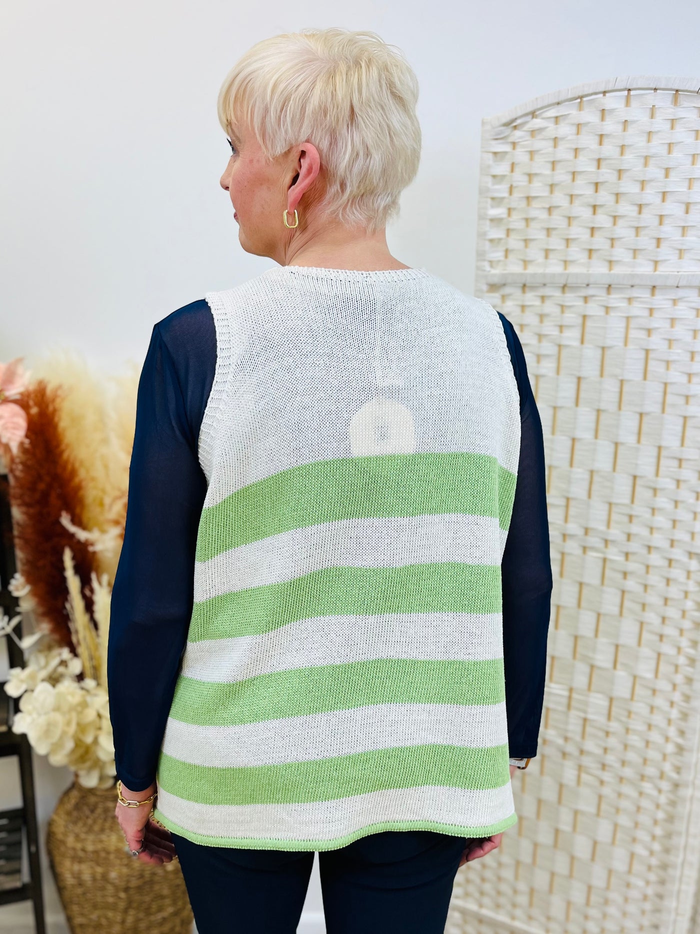 "NICOLA" Knitted Tank Top-Cream & Lime Green