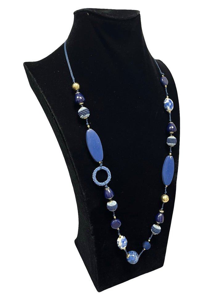 Long Statement Necklace-Blue & Gold
