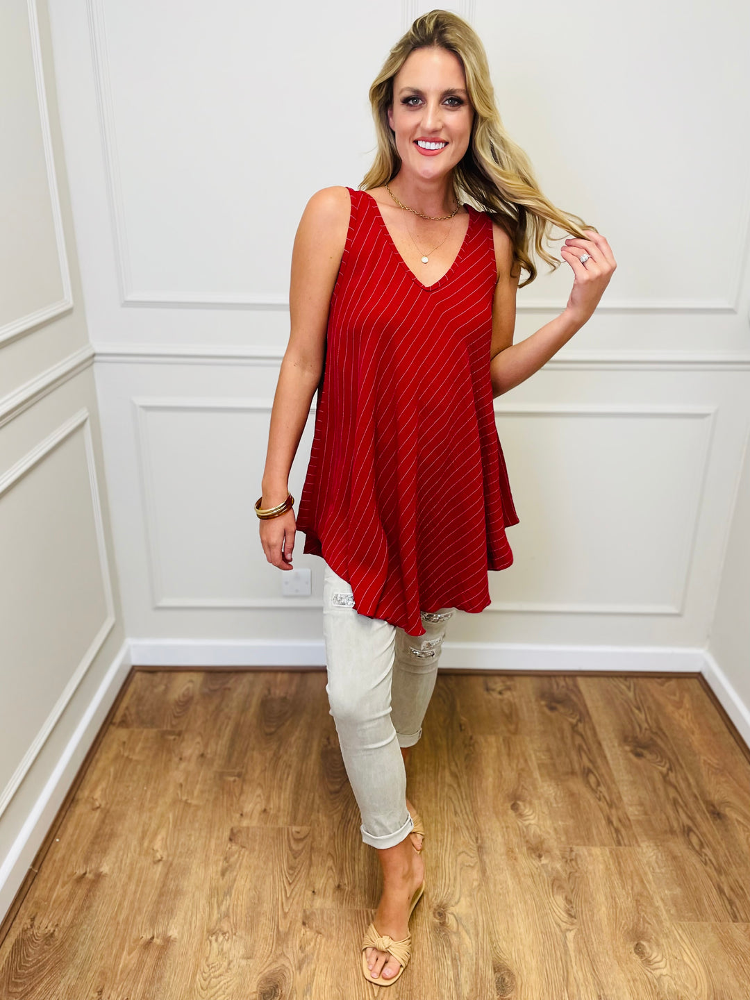 "MIRANDA" Stripe Print Vest Top-Red & White