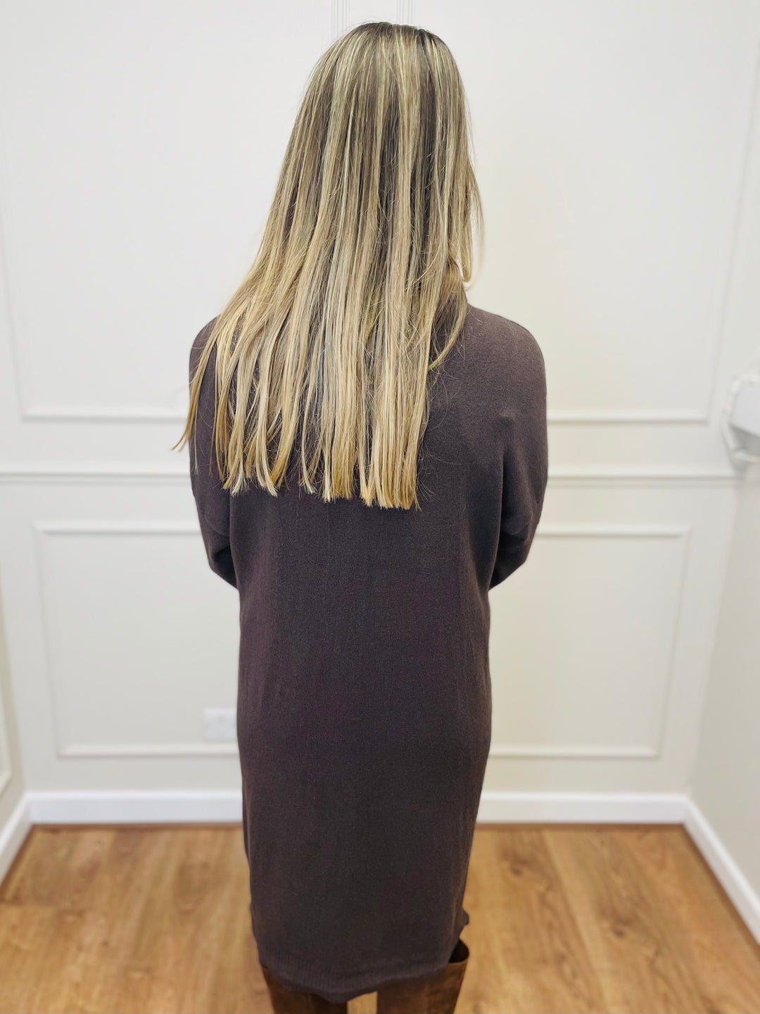 "BELINDA" Cable Knit Roll Neck Dress-Brown