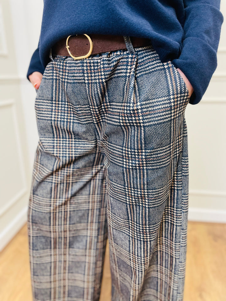 "ALANI" Check Print Trouser-Navy/Cream & Brown
