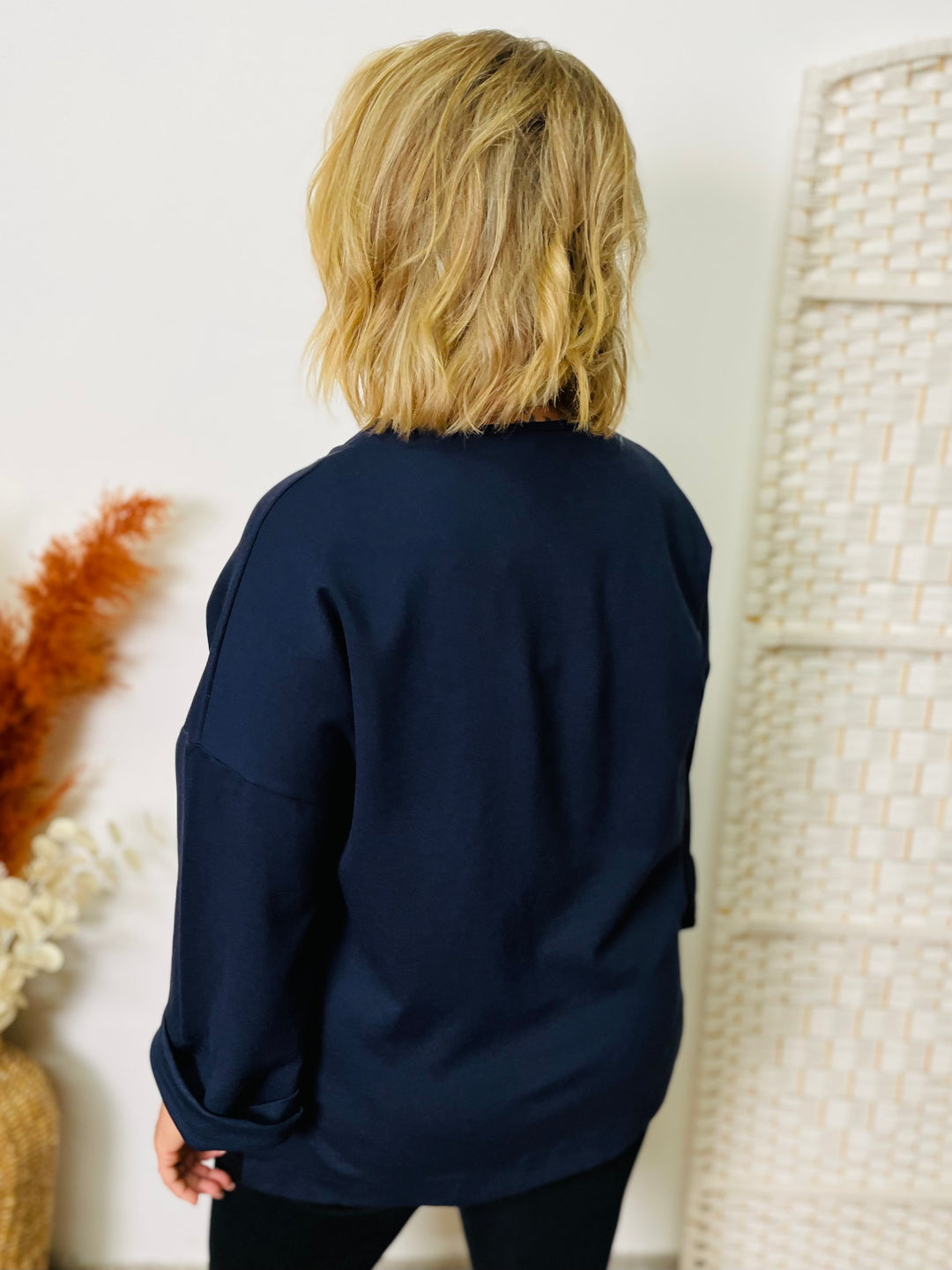 "ANDREA" Asymmetric Sweat Top-Navy