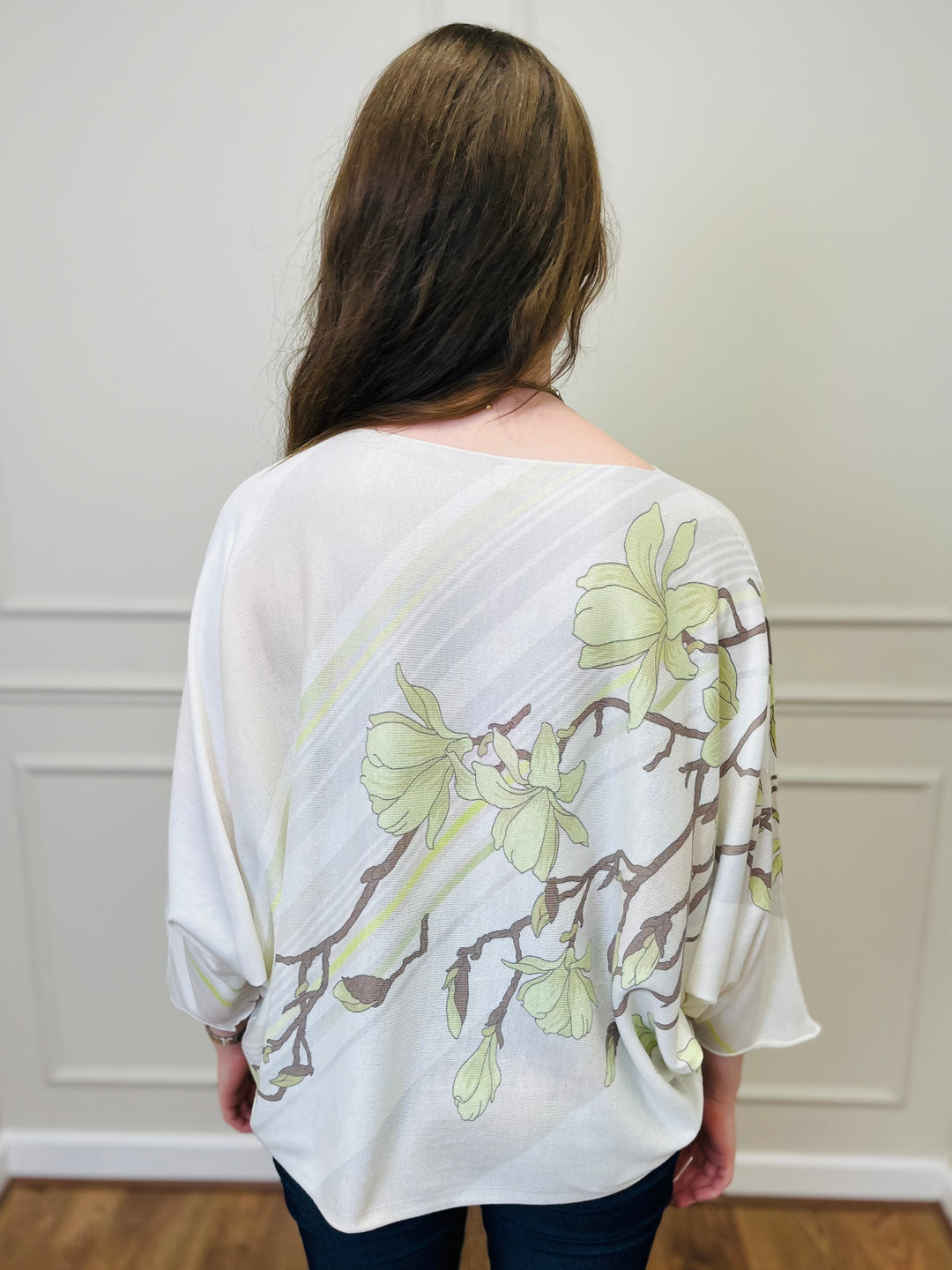 "SPRING" Floral Print Fine Knit-Cream & Green