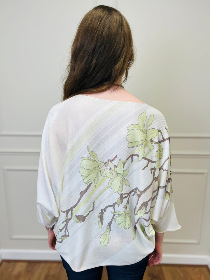 "SPRING" Floral Print Fine Knit-Cream & Green