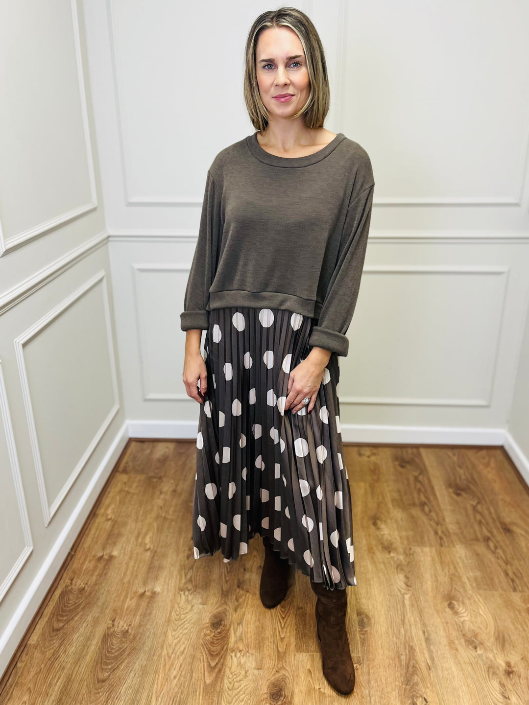 "DOTTY" Polka Dot Pleated Dress-Mocha & Cream